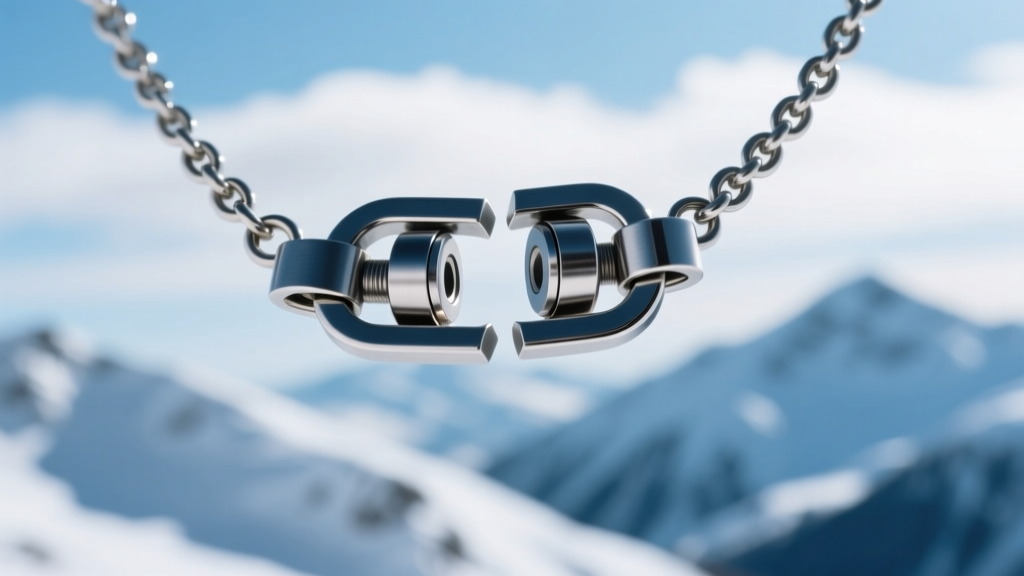 Macro shot of a magnetic breakaway ski necklace clasp, showing neodymium magnets separating under tension in cold alpine lighting