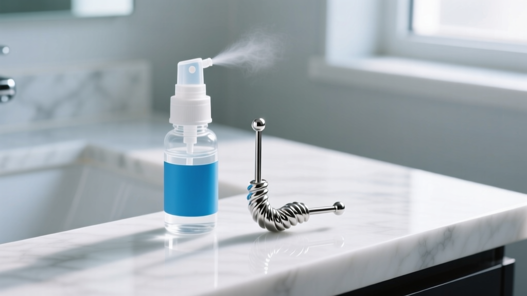 Close-up of sterile saline spray next to a polished titanium helix piercing stud on a clean white marble bathroom counter.