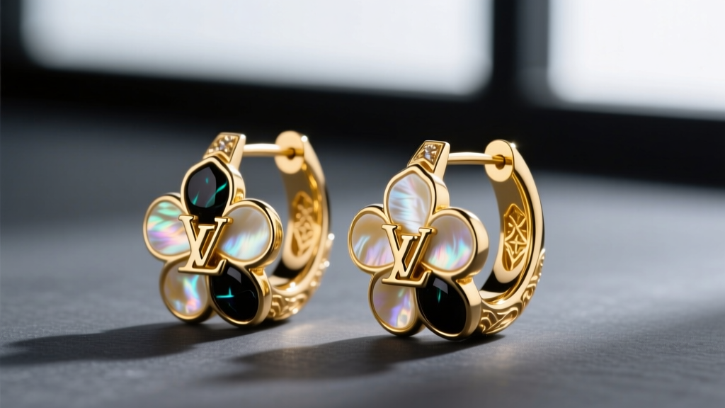 Close-up of 18k yellow gold Louis Vuitton B Blossom hoop earrings featuring carved mother-of-pearl and onyx on dark slate.