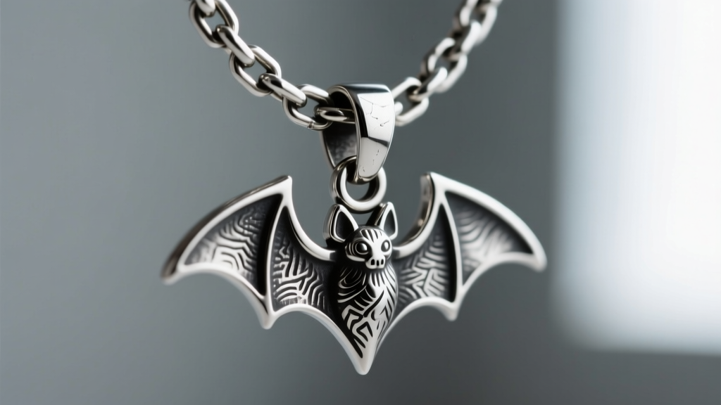 Extreme close-up of a 14-gauge stainless steel rolo chain connecting to a heavy bat pendant via a reinforced soldered jump ring.