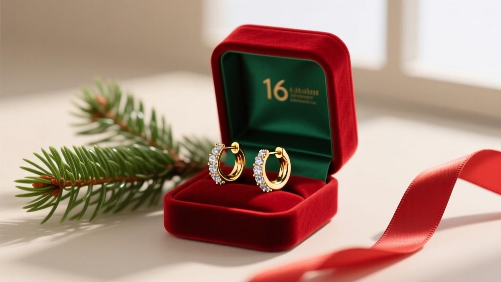 Red velvet box revealing sparkling 16-gauge gold huggie hoop earrings resting beside a green pine branch and red ribbon.