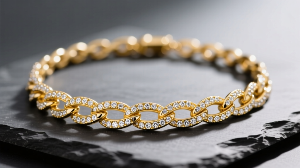 Macro photography of a 14k yellow gold Taylor necklace showing intricate diamond-cut twisted links resting on dark slate