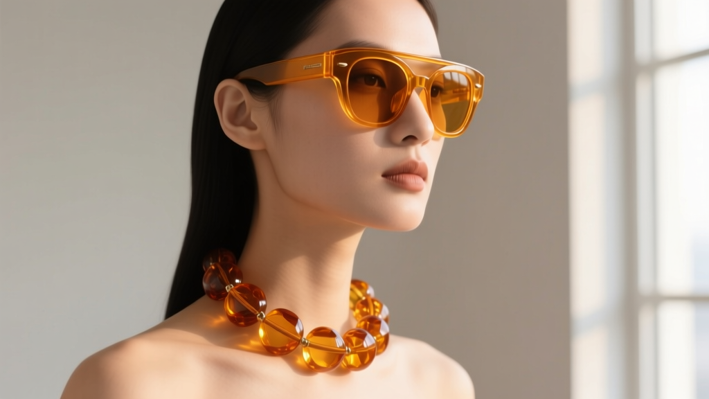 Side profile of a woman wearing thick acetate aviator glasses layered with a chunky 8mm amber resin eyeglass holder necklace