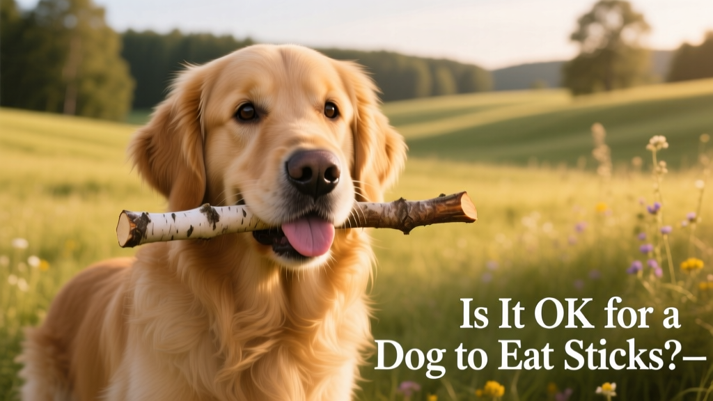A golden retriever gently holding a small, smooth stick in its mouth during outdoor play