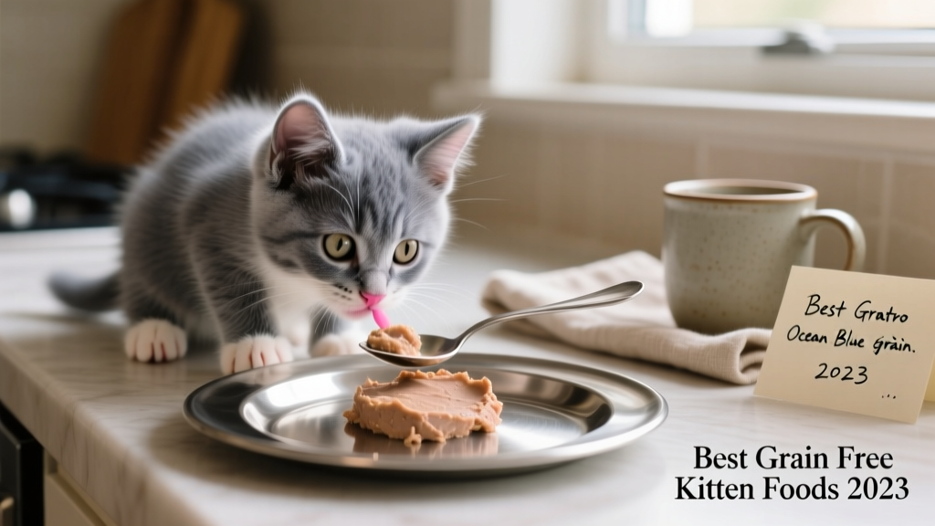 A curious 10-week-old kitten sniffing a spoonful of FurPetVo Ocean Blue pate on a stainless steel plate