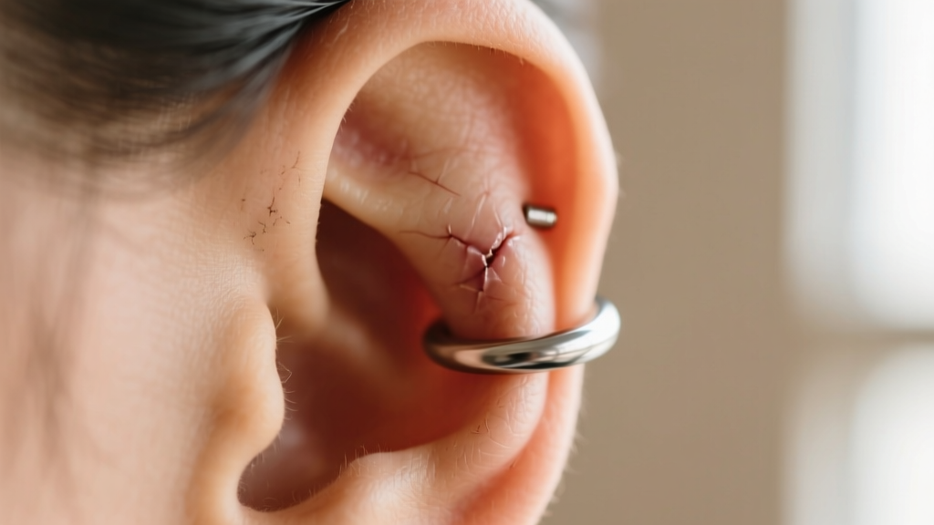 Macro photo of a 15mm titanium clicker hoop in a healed helix cartilage piercing, set against a softly blurred neutral background.