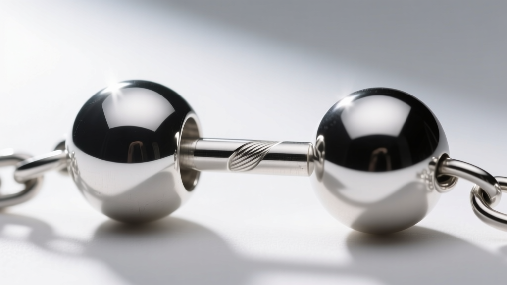 Extreme close-up of a sterling silver ball chain connector bar linking two hollow metal spheres, highlighting the tension joint.