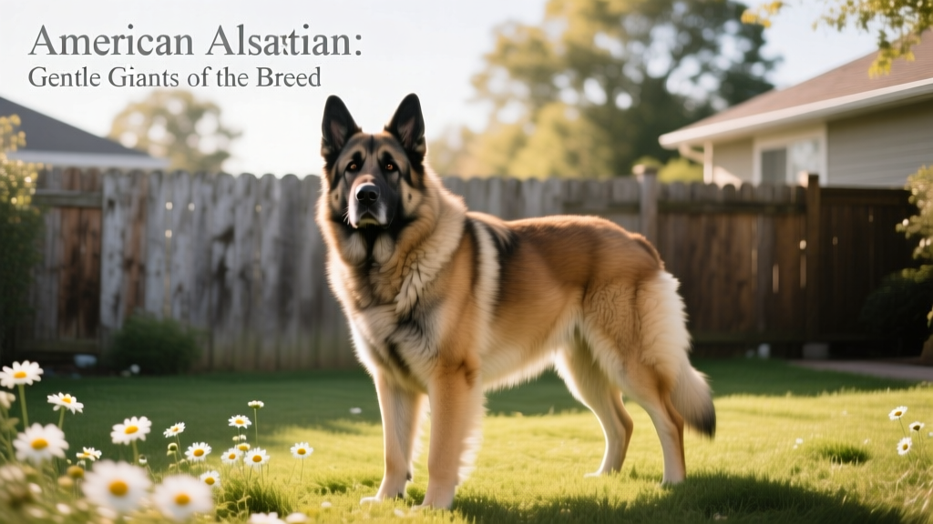 American Alsatian standing calmly in a sunlit backyard, showcasing its large frame, thick double coat, and serene expression