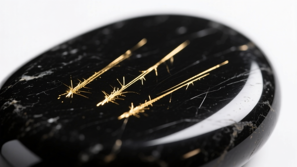 Macro shot of a black testing stone with three gold scratch marks prepped for nitric acid application in a bright studio.