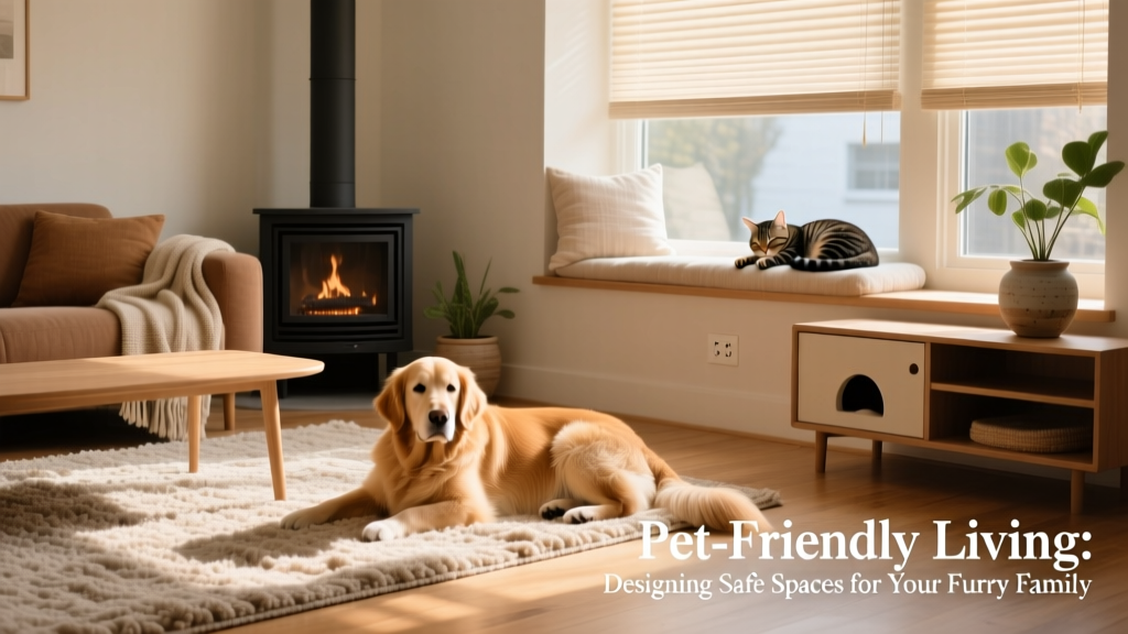 A calm, well-organized living room with a dog resting on a soft rug, a cat napping on a window perch, and safe, low-profile furniture