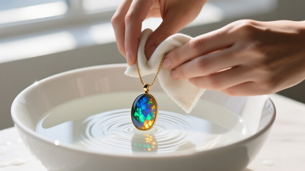 Hands gently wiping an opal crystal necklace pendant with a damp microfiber cloth over a white ceramic bowl of mild soapy water.