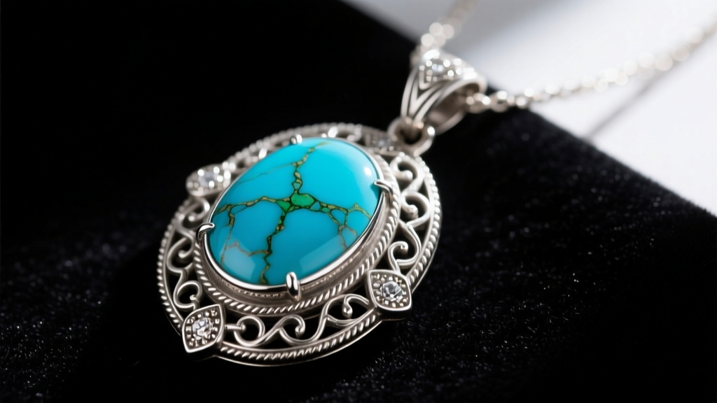 Close-up of a vintage sterling silver Naja necklace pendant featuring a large oval turquoise cabochon resting on dark velvet