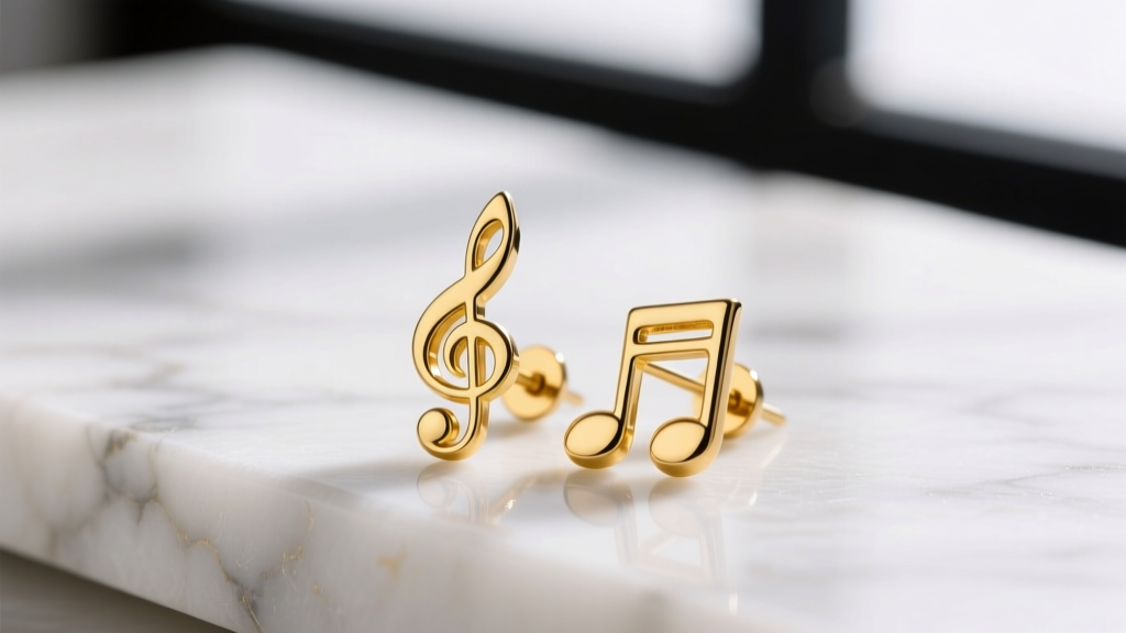 Close-up of 14k solid yellow gold eighth note stud earrings on white marble, soft studio lighting highlighting polished metal curves.