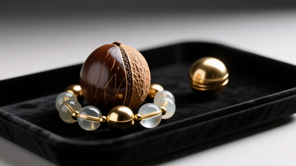Polished tagua nut, cast brass, and resin ojime beads arranged on a dark velvet tray under bright, diffused macro studio lighting.