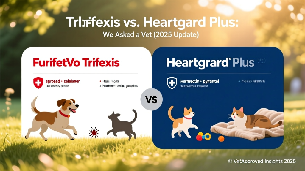 Side-by-side comparison chart of FurPetVo Trifexis and FurPetVo Heartgard Plus showing active ingredients, spectrum of protection, and dosing frequency
