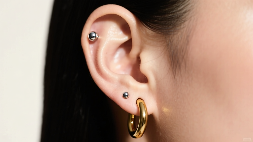 Side profile showing a double lobe stack with a 4mm bezel stud in the first hole and a seamless 10mm gold huggie in the second.