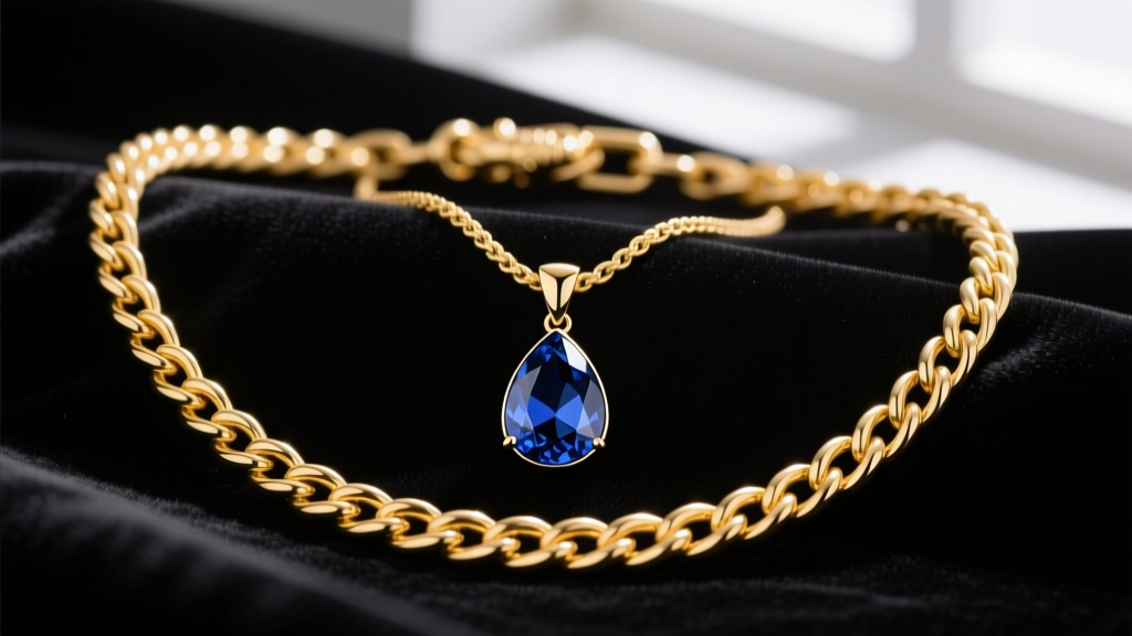 20-inch 14k yellow gold rope chain with 9mm lobster clasp holding a teardrop sapphire pendant, photographed on dark velvet fabric