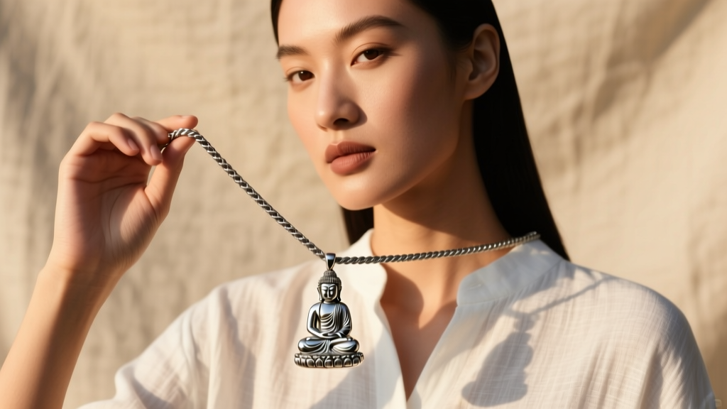 A model wearing a 2.5mm stainless steel rope chain holding a heavy sterling silver seated Buddha pendant against a linen shirt.