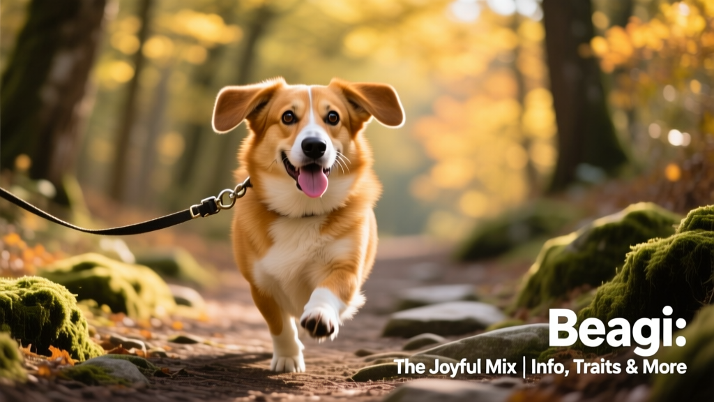 An adult Beagi mid-stride on a forest trail, leash loose, looking alert and joyful