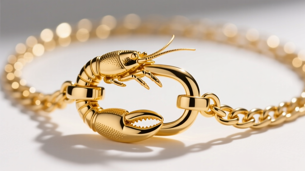 Macro shot of a lobster clasp on an 18k gold vermeil chain, highlighting the rich yellow gold finish and secure locking mechanism