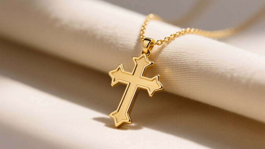 Macro shot of a 14k yellow gold Jerusalem cross necklace with brushed matte finish, draped over minimalist beige linen fabric.