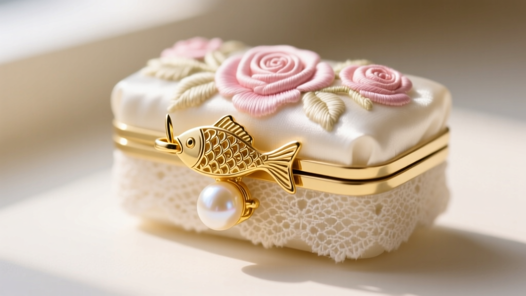Macro photography of a polished 14k yellow gold fishhook pearl necklace clasp partially inserted into a floral safety box