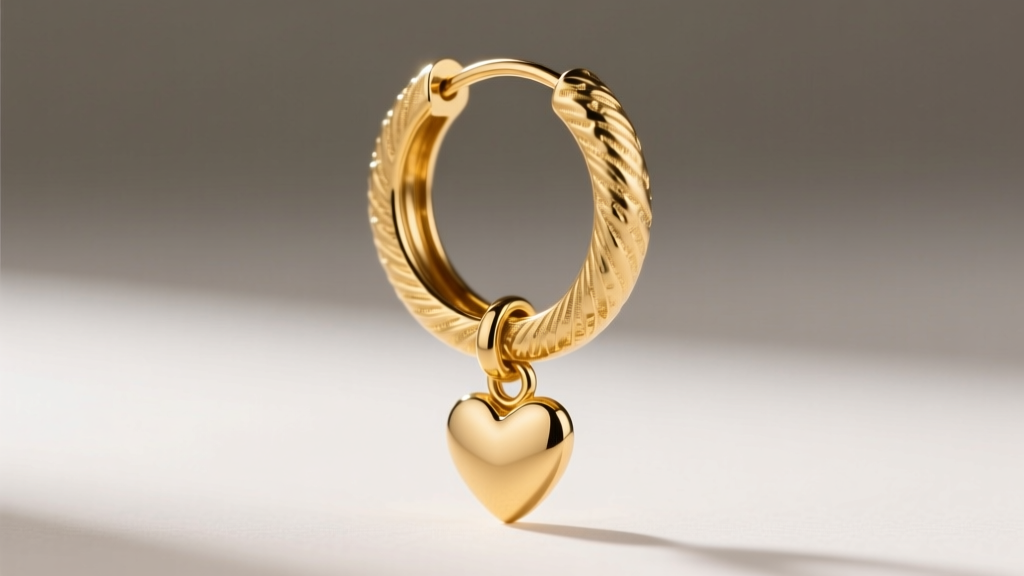 Side profile of a gold vermeil hoop earring with a heart charm, focusing on the reinforced soldered jump ring connection point.