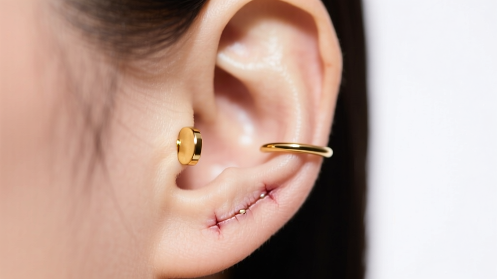 Macro shot of a healthy healed earlobe piercing wearing a minimalist 14k gold stud, illuminated by soft, bright clinical lighting.