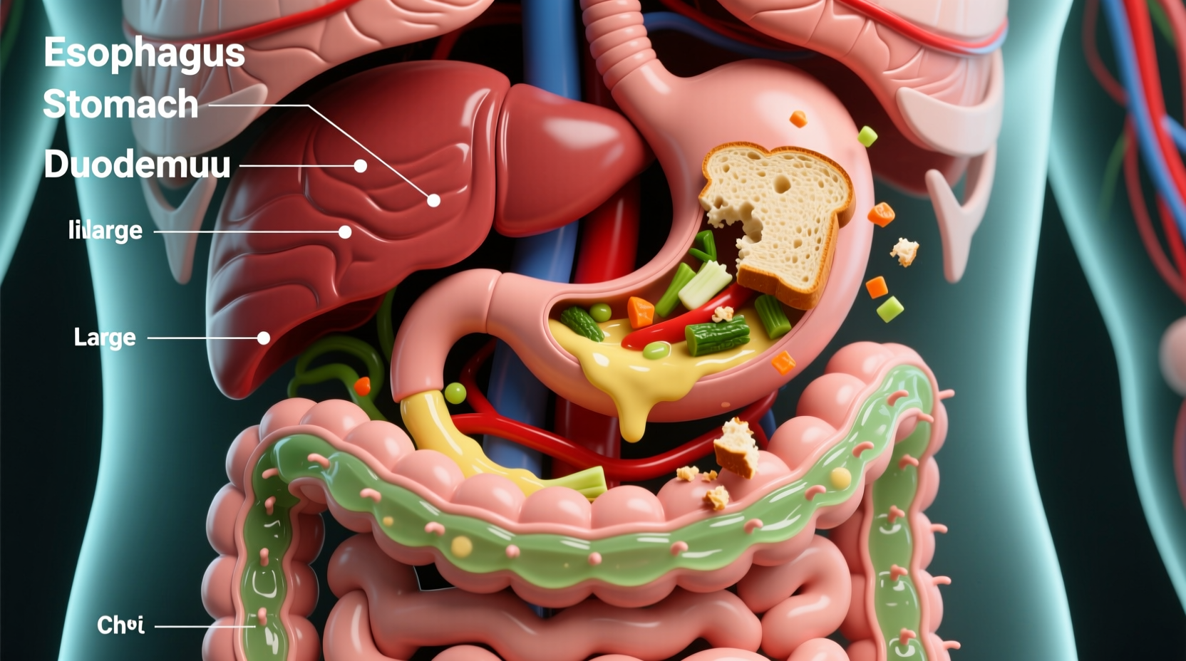 Digestive system showing food transit through stomach and intestines