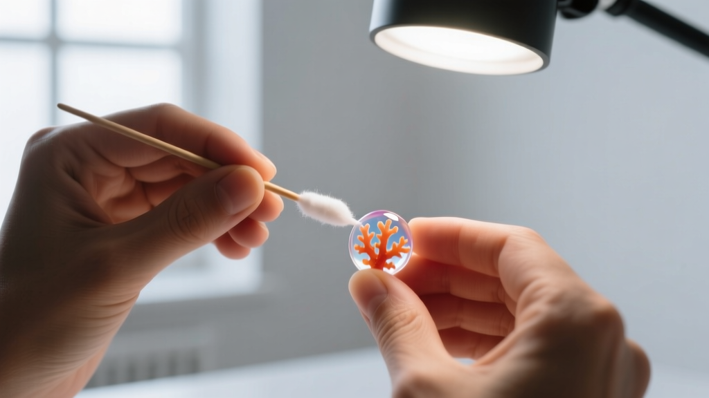 Jeweler using an acetone-dipped cotton swab on a coral bead to test for artificial dyes under bright gemological lighting