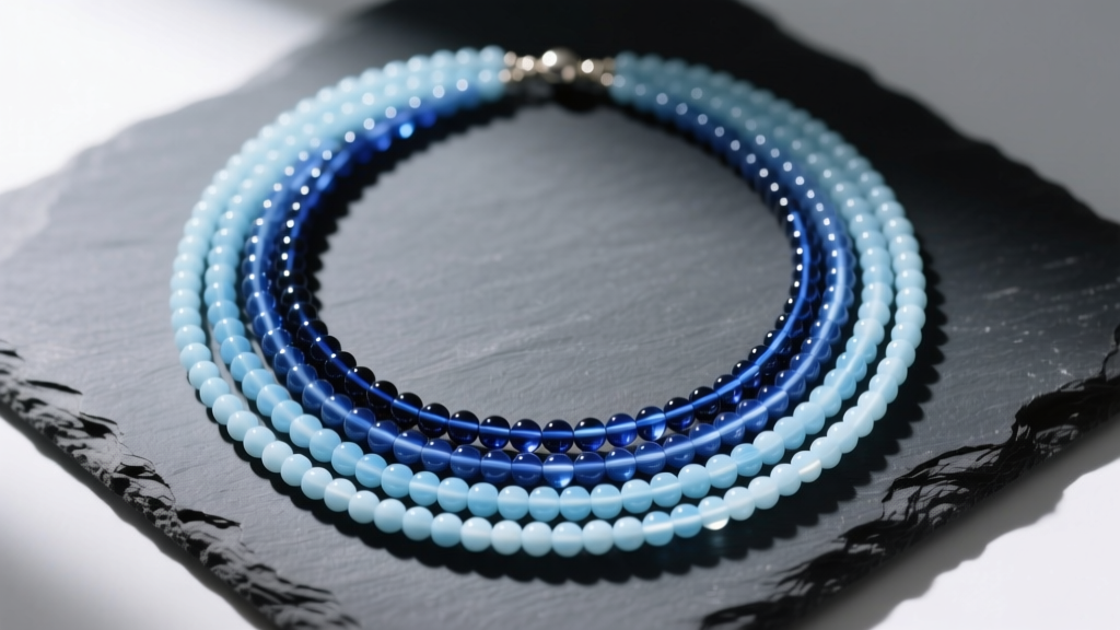 Overhead flat-lay of a five-strand ombré seed beads necklace transitioning from deep sapphire to pale ice blue on dark slate