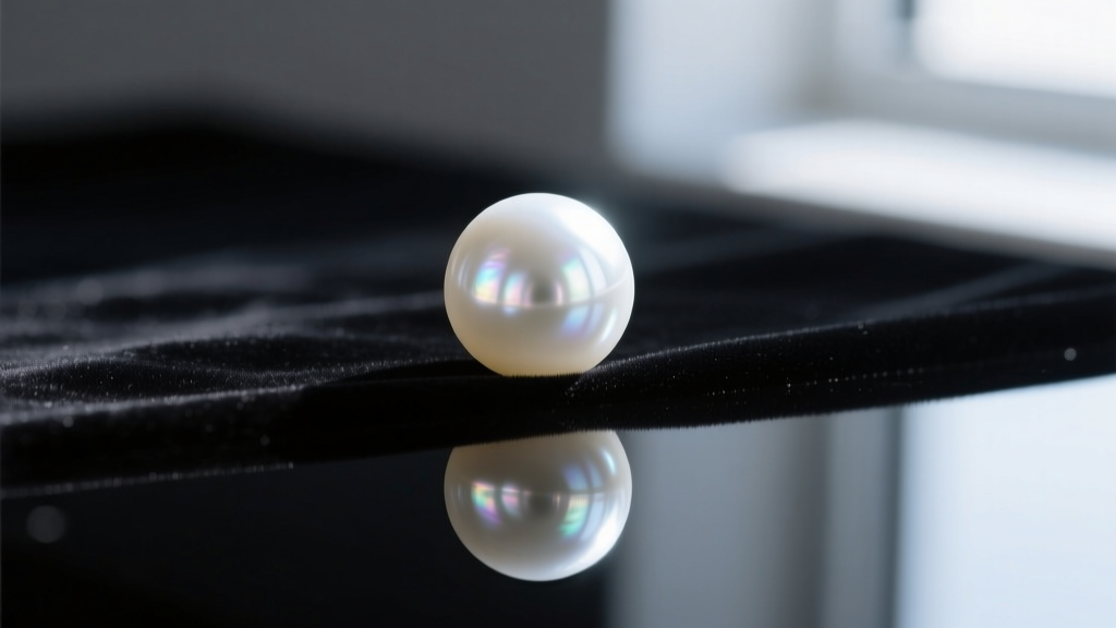 Macro shot of a single white South Sea pearl showing thick nacre and a sharp, high-contrast reflection on dark velvet