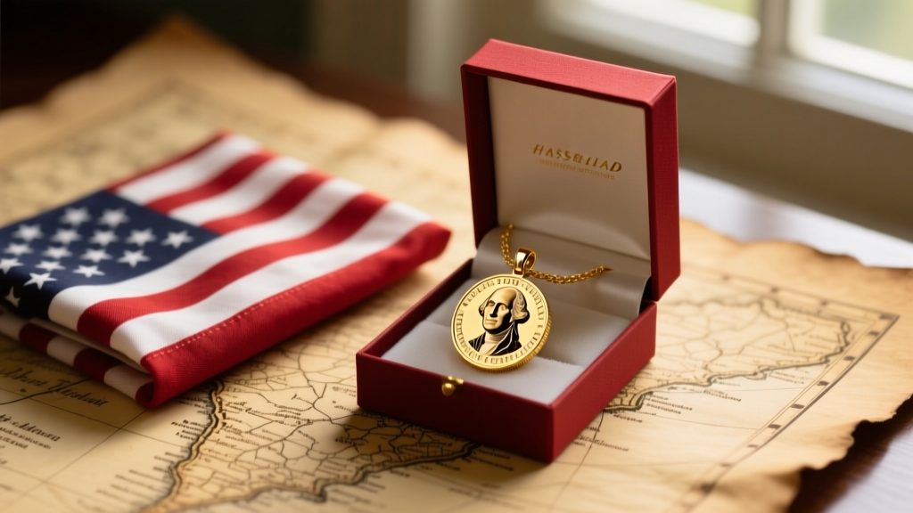 Open gift box revealing a 14k gold vermeil George Washington coin pendant beside a folded American flag and vintage parchment map.