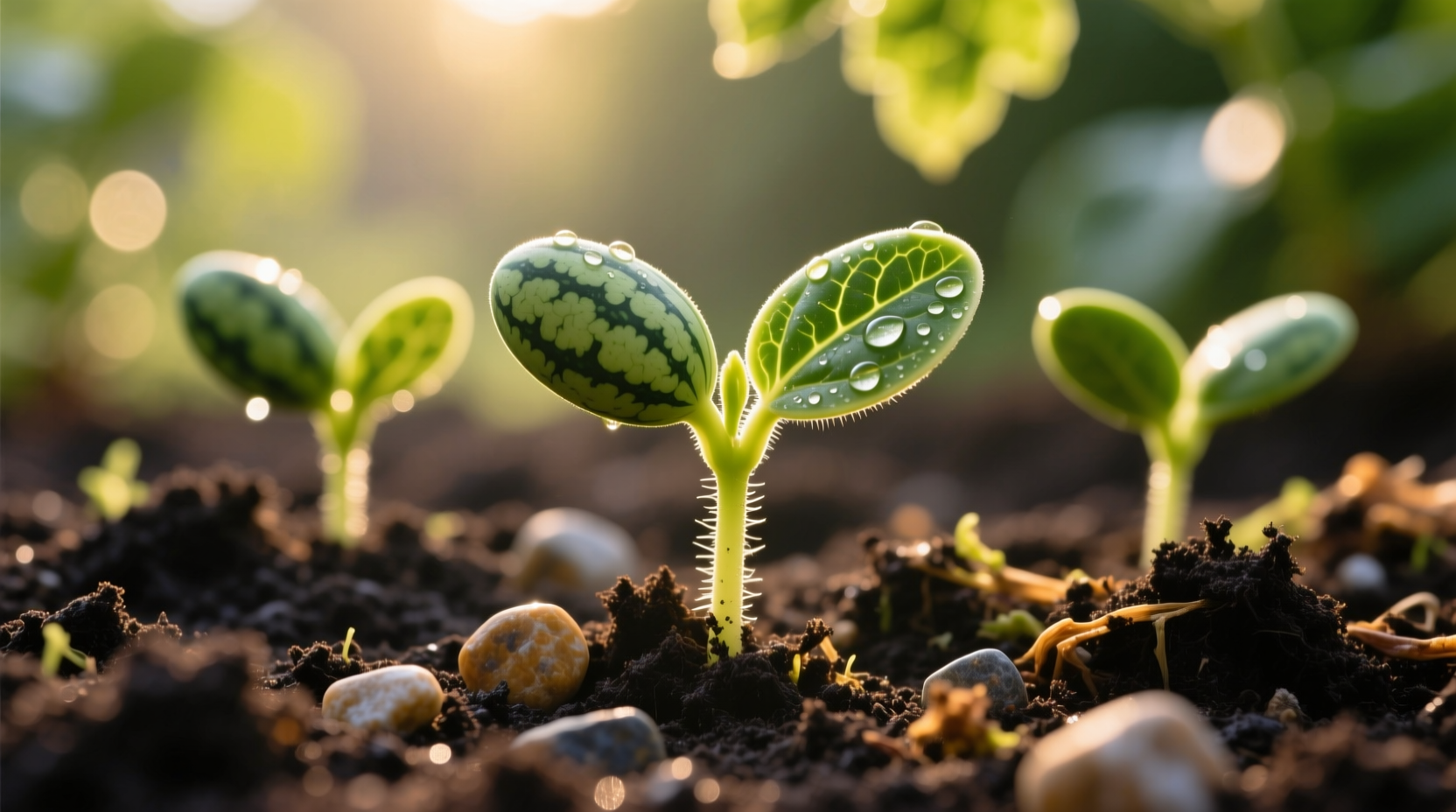 Healthy watermelon seedlings in garden soil