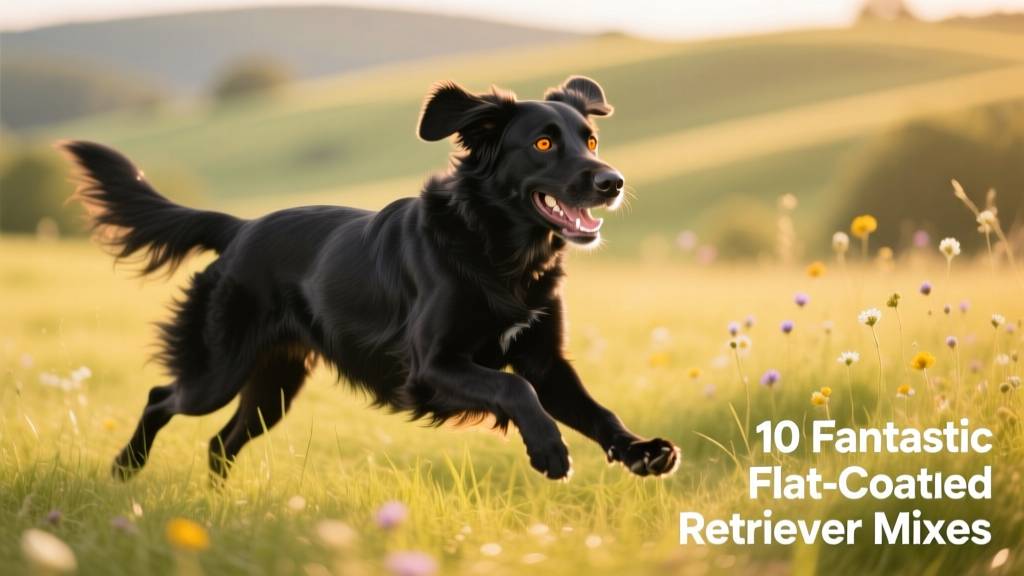 A Flatsky running joyfully across a grassy field with ears flapping