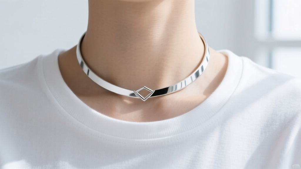 Close-up of a sterling silver 16-inch choker necklace resting perfectly above the collarbone on a white cotton crew-neck t-shirt