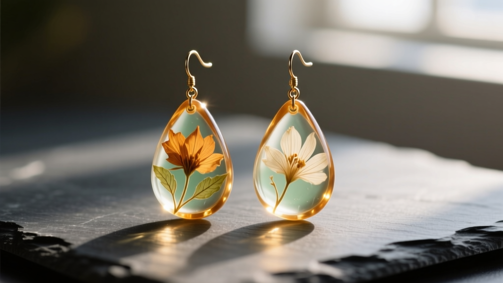 Macro photography of translucent botanical epoxy resin drop earrings catching warm sunlight, resting on a dark slate surface.