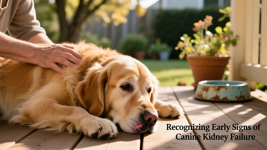Close-up of a senior dog gently resting beside its owner, showing signs of fatigue and mild dehydration