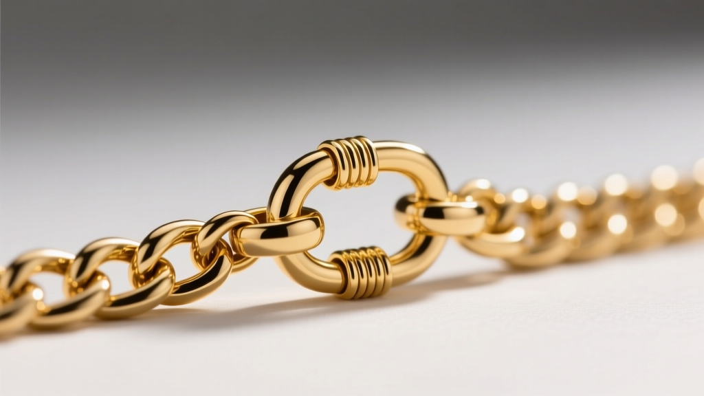Close-up of a 14k gold lobster clasp on a 50 cm chain, highlighting the spring mechanism and a securely soldered jump ring.