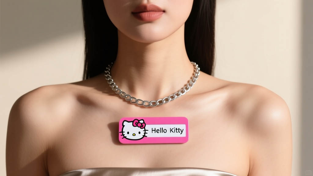 Woman wearing a 16-inch Hello Kitty nameplate layered with an 18-inch plain box chain, photographed closely from the collarbone up.