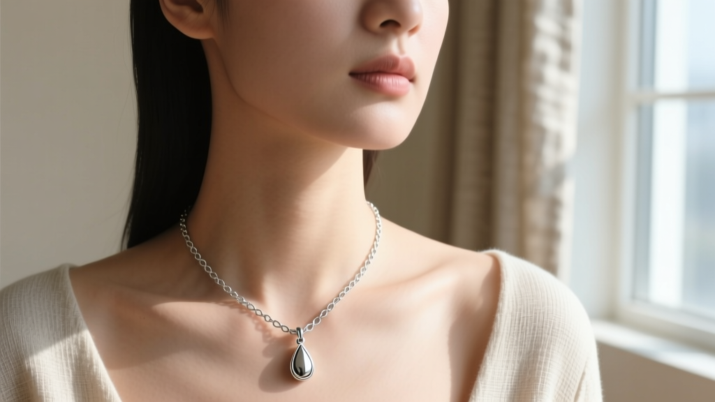 Person wearing a delicate sterling silver box chain with a small teardrop urn pendant, captured from a collarbone-level angle.