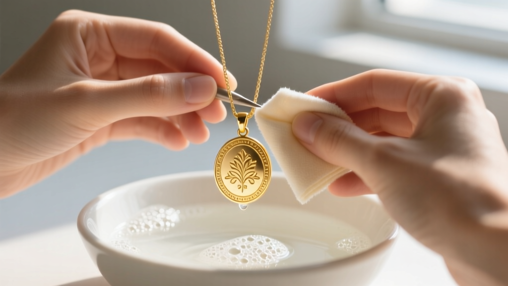 Hands gently polishing a gold vermeil custom engraved pendant with a microfiber cloth over a ceramic bowl of mild soapy water.