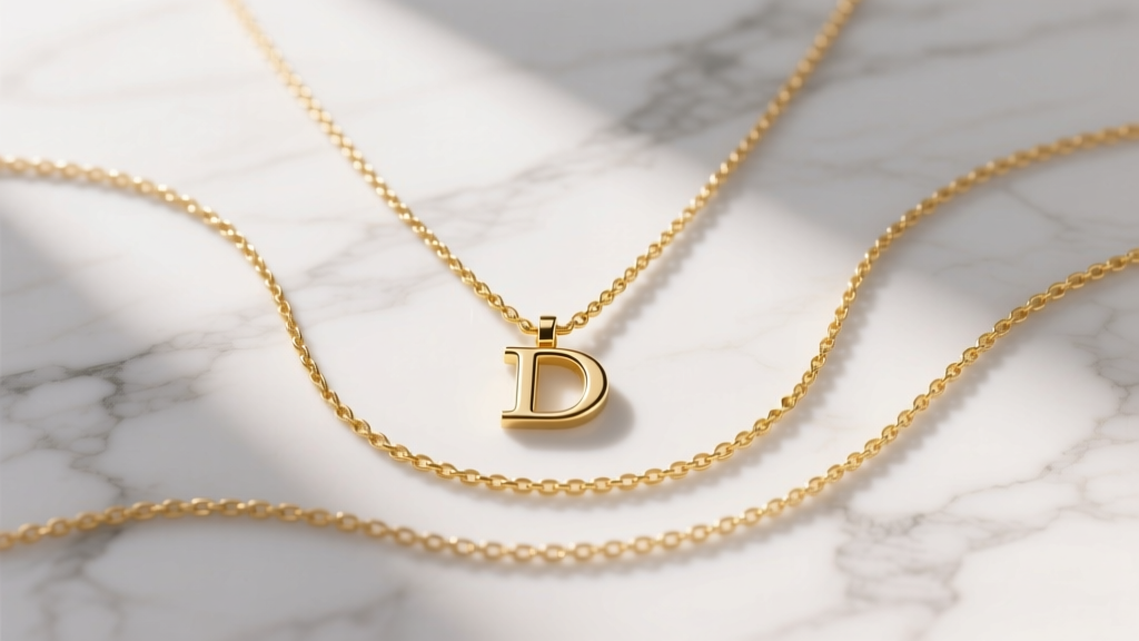Flat lay of three gold necklaces of varying lengths, featuring a small initial D pendant on the middle chain, on white marble