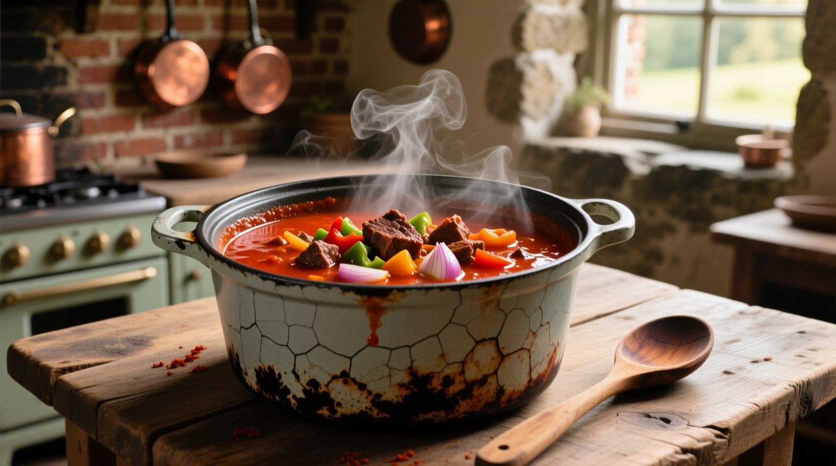 Hearty goulash with tomato soup in cast iron pot