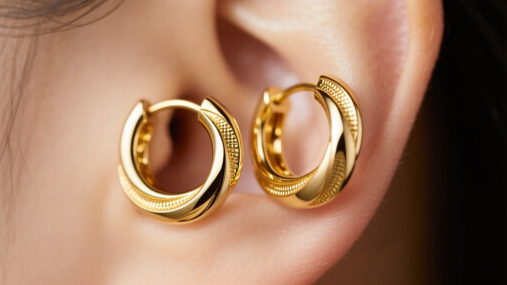 Macro shot of 14k yellow gold chunky double hoop earrings on a pierced lobe, soft studio lighting, elegant blurred beige backdrop.