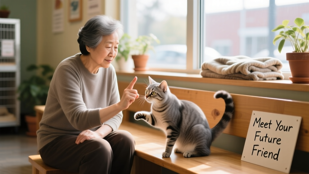 A calm, seated person gently offering a closed fist for a shelter cat to sniff during a meet-and-greet session