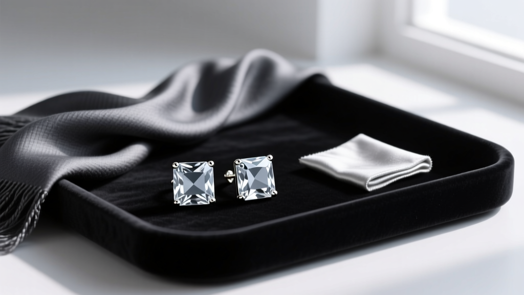 Elegant lake gray cubic zirconia stud earrings displayed on a dark velvet tray next to a charcoal silk scarf and silver polish