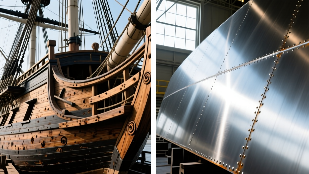 Split composition showing the thick live oak wooden hull of the USS Constitution on the left and modern marine-grade steel shipbuilding plates on the right