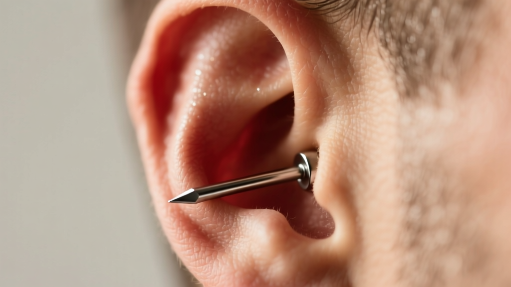 Macro view of a male earlobe with a precise 14g piercing placement, highlighting tissue density and tri-bevel needle entry angle.