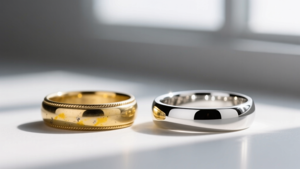 Dull yellowing 14k white gold ring on the left contrasted with a bright freshly rhodium-plated white gold ring on the right side